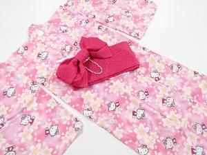 リサイクル　綿紅梅子供浴衣・リボン作り帯セット